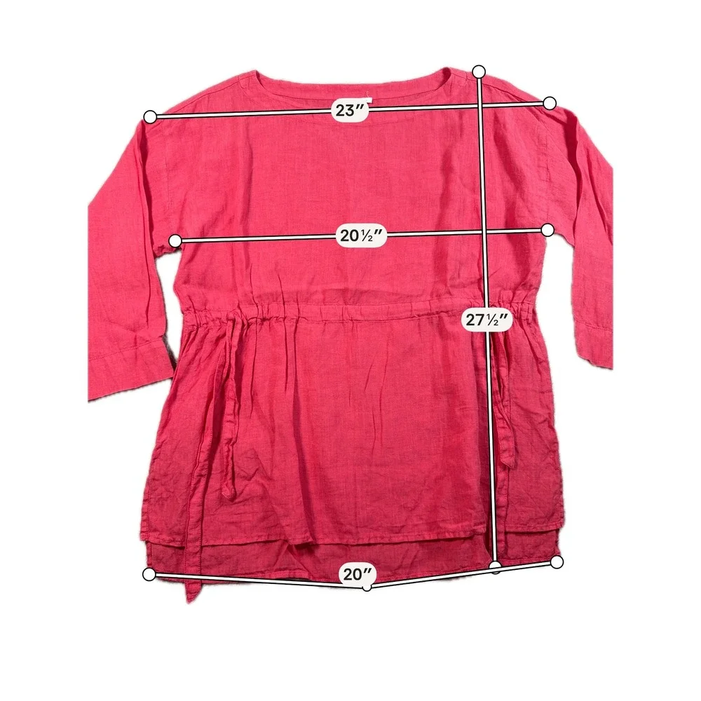 Eileen Fisher Linen Top Womens XS Pink 3/4 Sleeve Drawstring Garment Dyed